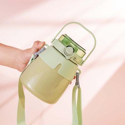 China Sustainable Kawaii Thermos Travel Insulated Stainless Steel Water Bottle Coffee Mug With Straw Straps Handle For Kids for sale