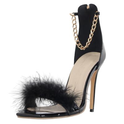 China New Ladies Anti-slippery Stiletto Sandals Feather High Heels Around Toe Strap Chain Sandals for sale