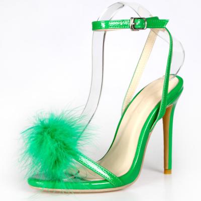 China New Ladies Anti-slippery Stiletto Sandals Feather High Heels Around Toe Strap Chain Sandals for sale