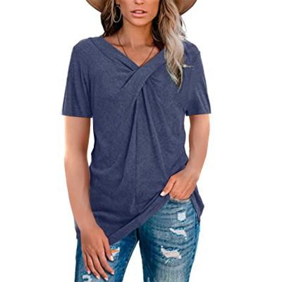 China New Design Breathable V-Neck Fold T-shirt Summer Women's Short Sleeve Stitches Casual Short Sleeve T-shirt for sale