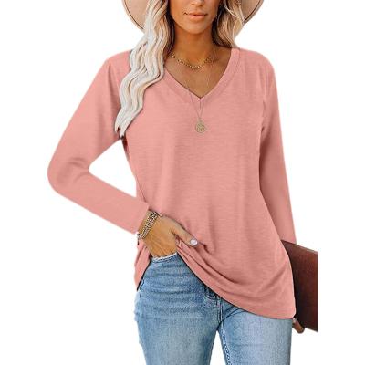 China Latest Cotton Soft Hot Selling V-neck Loose Women's Soft Sleeve T-Shirt For Long for sale