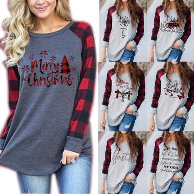 China Fashion Breathable Plaid Printing Crew Neck Splicing Blouses Long Sleeve Women Loose Tops Custom T-Shirt for sale