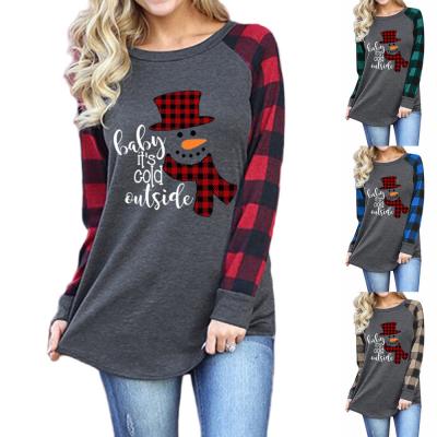 China Breathable Personalized T-shirt Fashion Plaid Printing Splicing Round Neck Blouses Long Sleeve Loose Top Women for sale