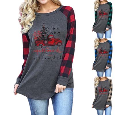 China Breathable Personalized Long Sleeve T Shirt Women Loose Top Fashion Plaid Printing Round Neck Splice Blouses for sale