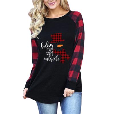 China Fashion Breathable Plaid Printing Round Neck Blouses Long Sleeve Splice Women Loose Top Custom T-Shirt for sale