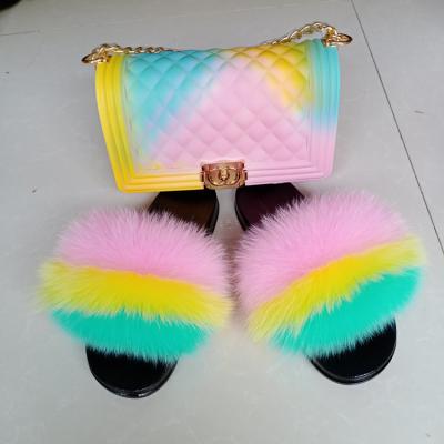 China Cushioning 2022 Fashion Hot Sale Real Fox Fur with PVC Jelly Color purse Flat Bottom Color Ladies Fur Slippers With purse Set for sale