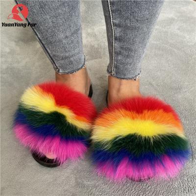 China Cushioning 100% Fluffy Colorful Fox Raccoon Fur Slipper Eva Logo Raccoon Fur Slides Custom Indoor Unique Furry Sandal For Women for sale