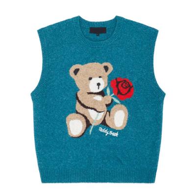 China Custom Made Jacquard Bear Anti-wrinkle Blue Rib Knit Logo New Fashion Sweater Vest Men for sale