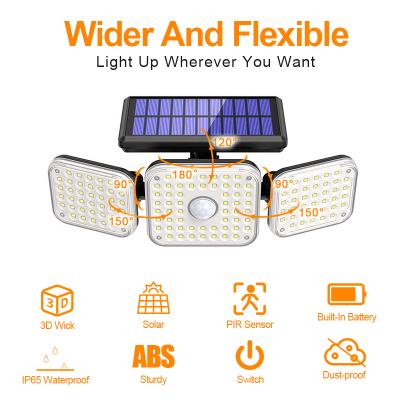 China Outdoor Yard Adjustable 3 Head Solar Security Lights 112 LED IP65 Waterproof 3 Mode Motion Sensor Solar Light for sale