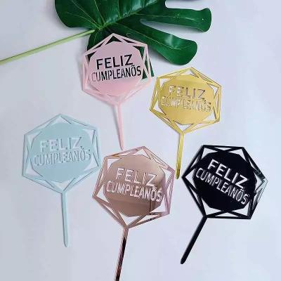 China Handmade Acrylic Spanish Cake Topper Feliz Gold Glitter DIY Glitter Cupcake Party Topper Happy Birthday Cake Topper for sale