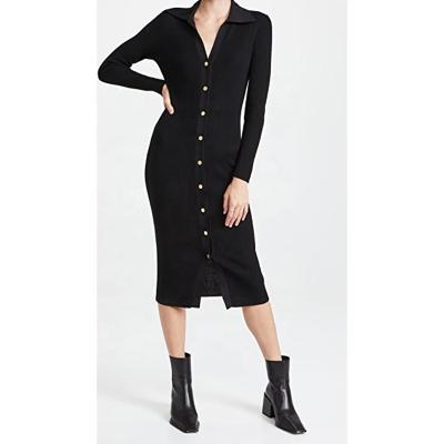 China Korean Style Dress Black Anti-Static RIb Buttons Lapel Slim Fitted Elegant Casual Dress for sale