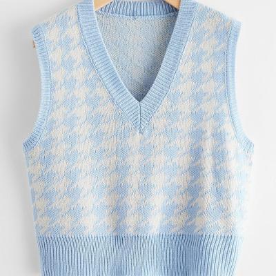 China Anti-Shrink New Listing Knitted Custom Houndstooth Pattern Knit Women Sweater Sleeveless Vest for sale