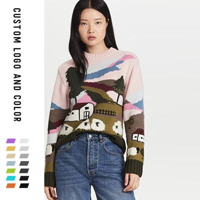 China Anti-wrinkle winter landscape jacquard wool sweater custom women new fashion protect female pullover for sale