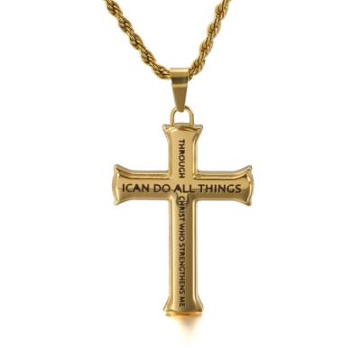 China Religious Engraved Characters Christian Cross Charm Pendant Gold Jewelry Custom Backed for sale