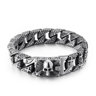 China TRENDY Mens Stainless Steel Big Curb Chain Bracelet with Fleur De Lis and Skull, Gothic Biker Custom Backed for sale