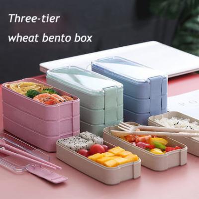 China Wheat Large Capacity Disposable Three-layer Bento Lunch Box Dispensing Spoon Fork Disposable Biodegradable Chopsticks for sale