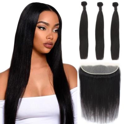 China Silky Straight Wave In Zambia Free Sample Wholesale Seller For 100% Hd 10a Virgin Brazilian 1B Straight Hair Thick Bundles With Lace Headbands for sale