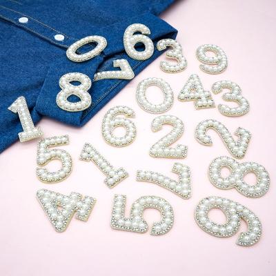 China 3D Custom Pearl Number 0-9 Patches Iron On 3D Handmade DIY Number Rhinestone Patches for Garment for sale