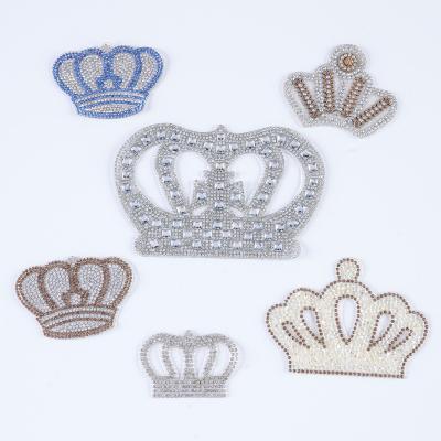 China 3D Custom Iron on Crown Rhinestones Patch White Pearl Crystal Handmade Beads for Garment Bag for sale