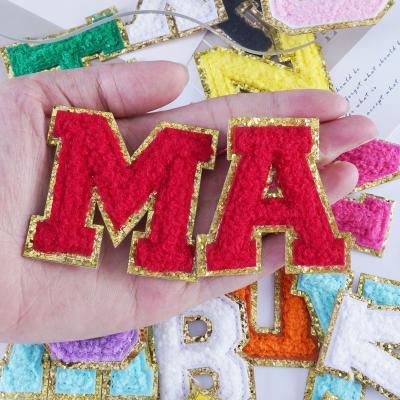 China 3D Chenille Patch Stock Glitter 8cm Iron On Letters Patch Adhesive Alphabet Sewing Appliques Clothing for sale