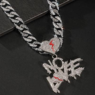 China New Fashion Design Broken Heart Drill Button No Love Necklace Mens Hip Hop Personality Rhinestone Chain Jewelry Silver Necklace for sale