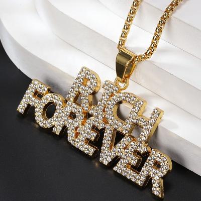 China Fashion Custom Fashionable Gold Plated Rhinestone Necklace Jewelry Hip Hop FOREVER RICH Letter Pendant Necklace for sale