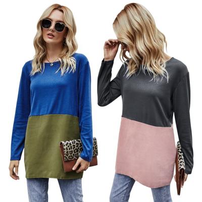 China 2021 Anti-Wrinkle Fashion Soft Crew Neck Casual Splicing Long Sleeve T-shirt For Women Cheap Ladies Dresses Clothing Woman Chiffon 2pcs for sale