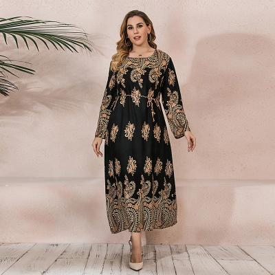 China Anti-wrinkle Women Muslim Clothing Crew Neck Printed Long Sleeve Plus Size Female Clothing Long Dress For Women for sale