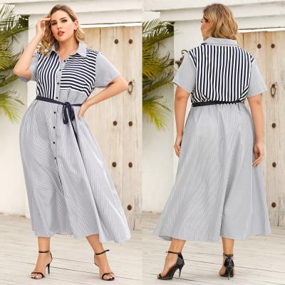 China Dry Cleaning Women's Casual Wear Wear Stripe Turn-down Collar Short Sleeve Lace Up Long Dress 2021 For Women for sale