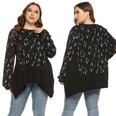 China Anti-Wrinkle Plus Size Apparel Printed Irregular Stitching Black Loose Round Neck Long Sleeve T-Shirts For Women for sale