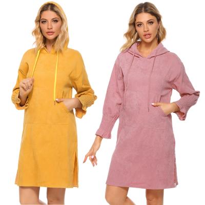 China Latest Anti-Static Dresses Shear Long Hooded Ruffle Kangaroo Pocket Casual Dresses Women Lady Elegant for sale