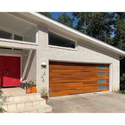 China Modern Customized Two Car 16x8 Overhead Automatic Grain Wood Sectional Aluminum Garage Door for sale