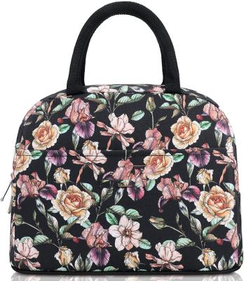 China Latest lunch bag tote bag fasion lunch organizer. Black with large flower lunch bag for sale