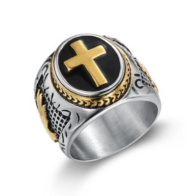 China Religious Men Vintage Seal Stainless Steel Solid Gold Gilded Exorcist Letter Jewelry Cross Ring for sale