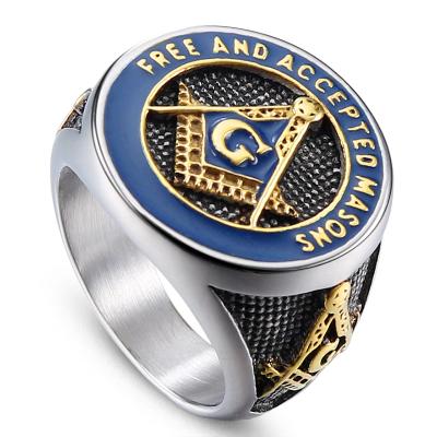 China FASHIONABLE High Quality Freemasons Blue Drop Glue Craft Rings Stainless Steel Rings For Man for sale