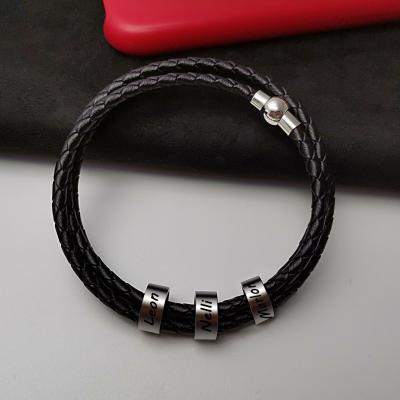 China Hiphop Amazon Trendy Casual Sporty Hot Braided Leather Rope Beaded Beads Custom Letter Bracelet Waterproof Memorial Bracelets for sale