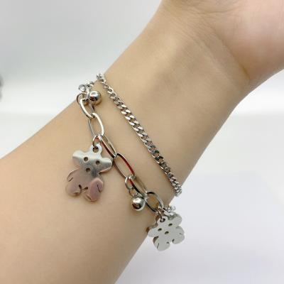 China Hip Hop Amazon Fancy Trendy Casual Wish Bear Charm Hot Double Layered Cute Personalized Titanium Steel Bracelets Bangles for sale