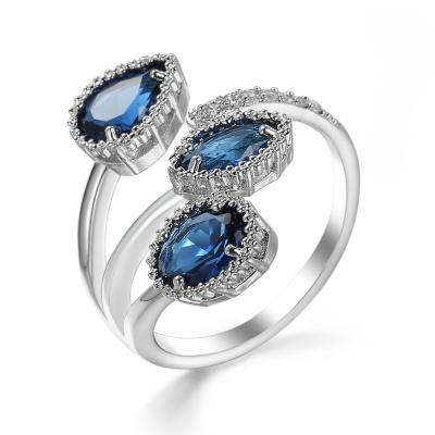 China TRENDY European New Ring Fashion Blue Zircon Plated Platinum Plated Brass Openings Rings Jewelry Woman Ring for sale