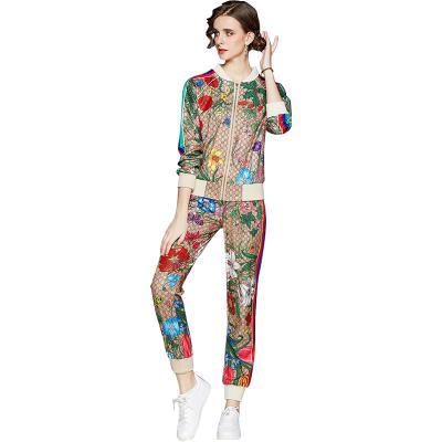 China 2022 Spring Floral Print Crew Neck Zipper Jacket Casual Pants QUICK DRY Two Piece Pants Set For Women for sale