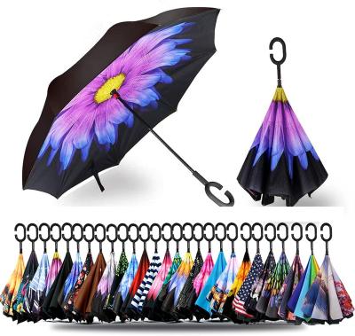 China Contemporary Hot Selling New Products Store Double Layer Inside Out C Shape Custom Handle Inverted Reverse Umbrella With Logo Prints for sale