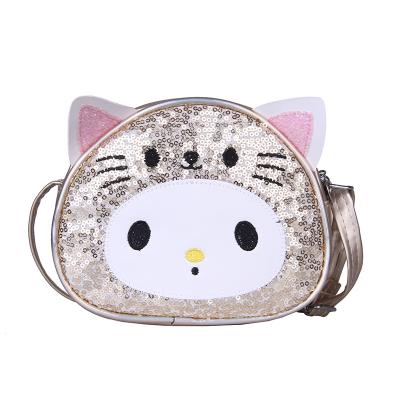 China Fashion Round Cartoon Cat Pattern Sequins Gold And Ribbon Pink Small Girls Kids Purses And Handbags for sale