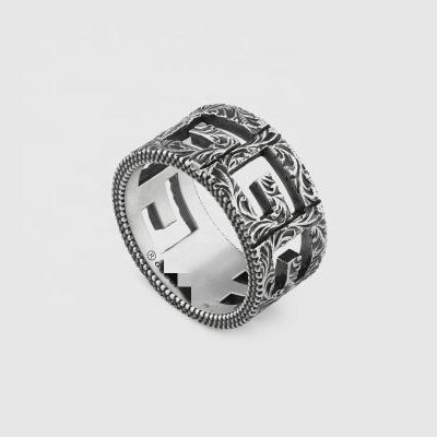 China Other European and American GG Square Double Hollow Carved Pattern Woven Pattern Wide Version Retro Thai Silver Couple Ring for sale