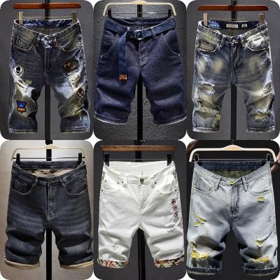 China QUICK DRY Summer thin men's embroidered denim shorts men's ripped mid-length elastic  new slim five-quarter pants for sale