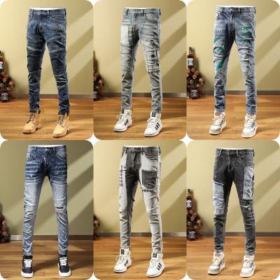 China Fashion Men's Breathable Hot Selling Straight Jeans Pants Camouflage Patchwork With Ribbons Ripped Cargo Mens Skinny Jeans for sale