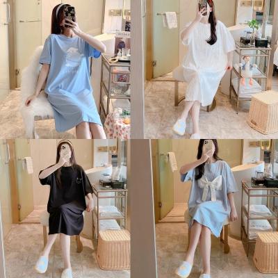 China New Summer Youth Cotton QUICK DRY Women'S Nightgown Loose Cute Short Sleeve Knitted Student Comfortable Home Use Long Skirt for sale