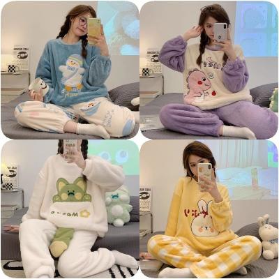 China Wholesale Women's Thermal Pajamas Print Cartoon Flannel Winter Long Sleeve Thicken Coral Fleece Pajamas Set for sale