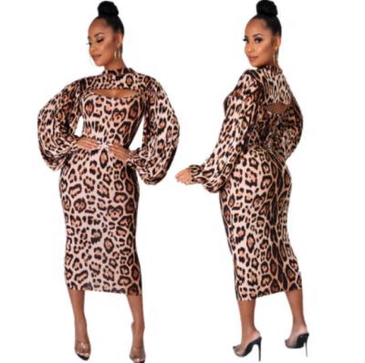 China New Hip Breathable Sexy Fit Dress Autumn Leopard Two Piece Skirt Long Sleeves Leopard Dress Set for sale