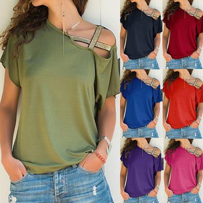 China Viable Summer Popular Casual Oblique Shoulder Fashion Irregular Short Sleeve Tops Plus Size Women Tops for sale