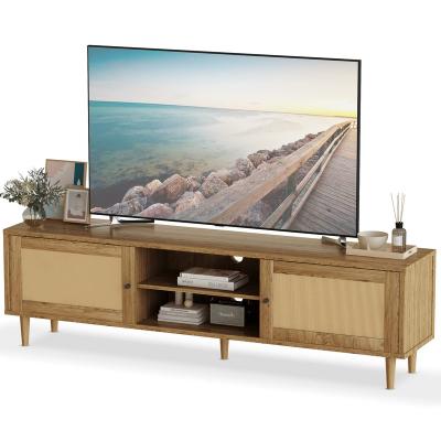 China With Storage Shelf Mid Century TV Stand 65 Inch TV, Rattan TV Stands With Storage And 2-Tier Open Shelves, For Living Room - Oak Brown for sale