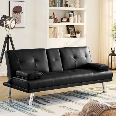 China Modern Faux Leather Extended Sofa Bed Futon with Removable Armrest, Metal Legs, Cup Holders, 3 Tier Adjustable Backrest, Black for sale